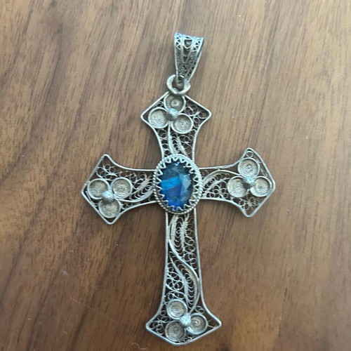 Vintage filigree cross with blue stone like new
