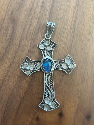 Vintage filigree cross with blue stone like new