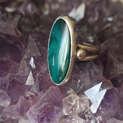 Handmade Silver 950 Ring with Large Oval Malachite Like New