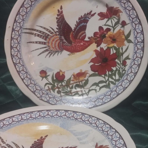 Collectible Chinese plates used, set of 2, ceramic with red bird design