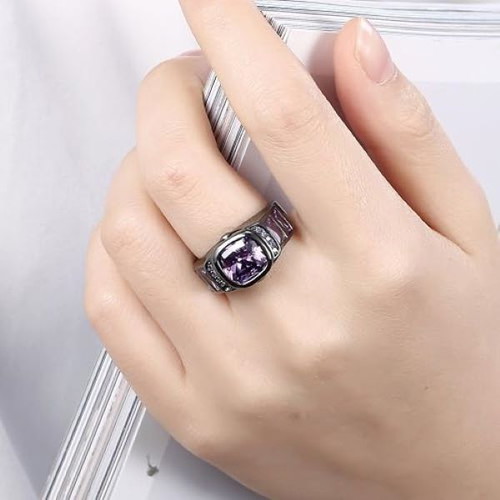 Ring with violet amethyst, new, black gold plated