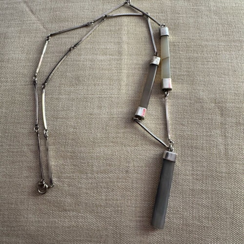 Silver pendant with precious stones in gray ciel, 60 cm like new