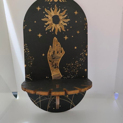 Wooden Handmade Wall Shelf with Mystical Sun and Moon Design like new