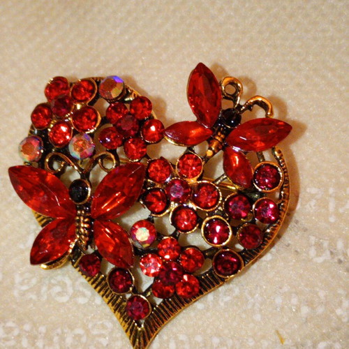 Vintage heart brooch with butterflies, new, red and gold