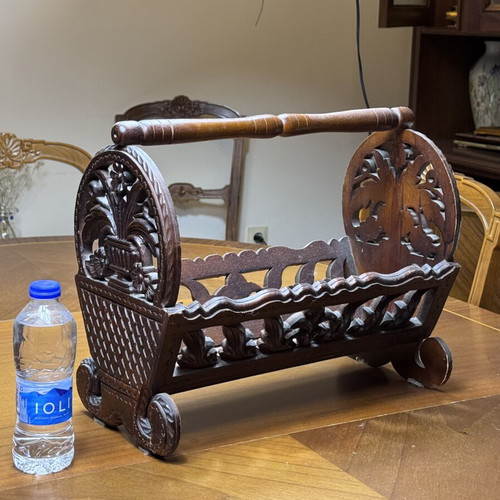 Wooden magazine holder, traditional hand-carved folk art design
