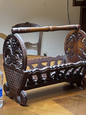 Wooden magazine holder, traditional hand-carved folk art design
