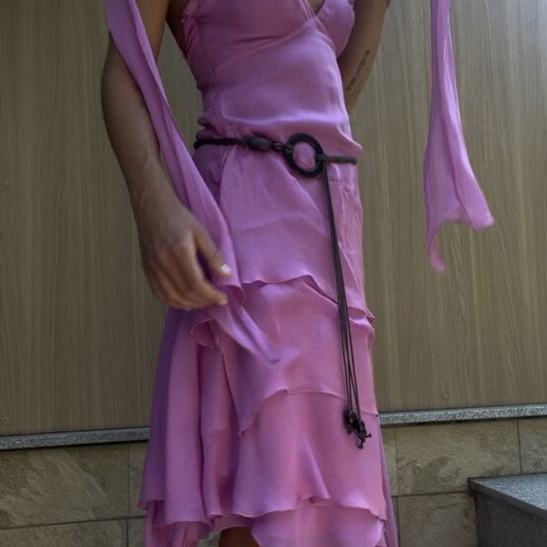 Roberto Verino Y2K silk asymmetric tiered halter dress used, lilac pink