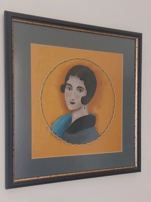 Vintage silk screen print with female portrait in wooden frame like new