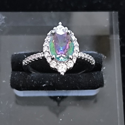Vintage ring with multicolor iridescent stone and white zircons new