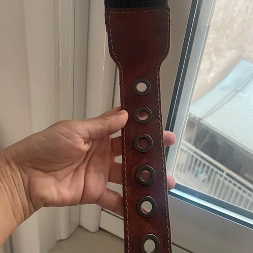 BsB belt with blue elastic and brown leather buckle