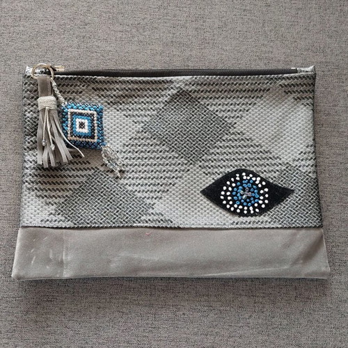 Handmade gray clutch bag from leatherette and velour new