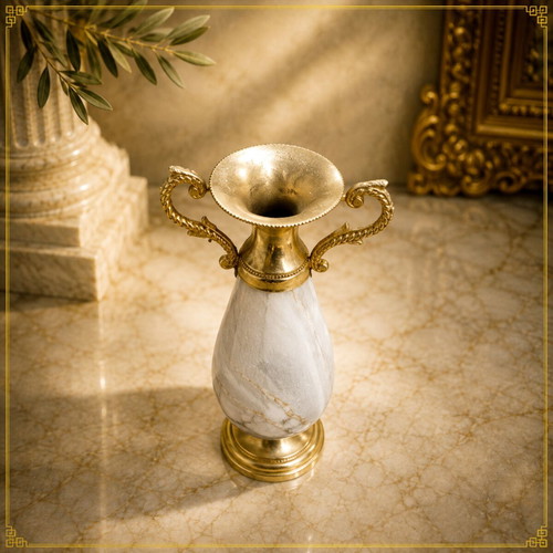Amphora vase with gold metal details and marble body, retro decor