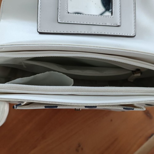 Carpisa crossbody and handheld bag new, white with gray-blue polka dots
