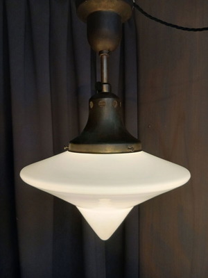 Art Deco schoolhouse pendant lamp, 1930s, brass and opal glass