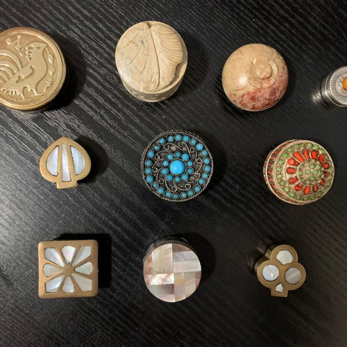 Vintage pill boxes used, pack of 10 with carved stone and semi-precious stones