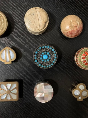 Vintage pill boxes used, pack of 10 with carved stone and semi-precious stones
