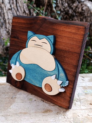 Handmade wooden Snorlax decorative plaque, Pokémon, 15x15 cm