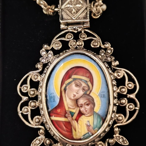 Episcopal Pectoral Enkolpio with Panagia and Russian Enamel 925° like new