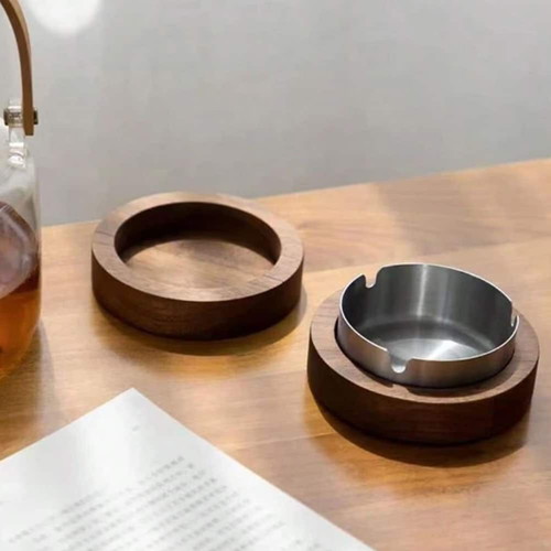 Ashtray with lid made of stainless steel and wood new