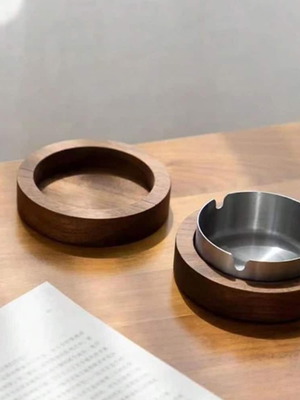 Ashtray with lid made of stainless steel and wood new