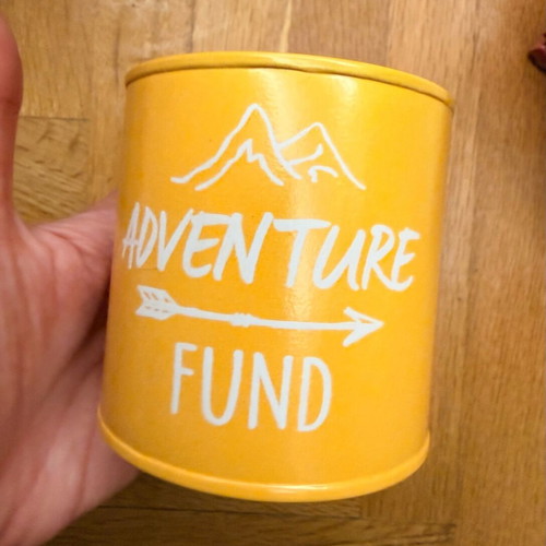 Adventure Fund metal piggy bank yellow new