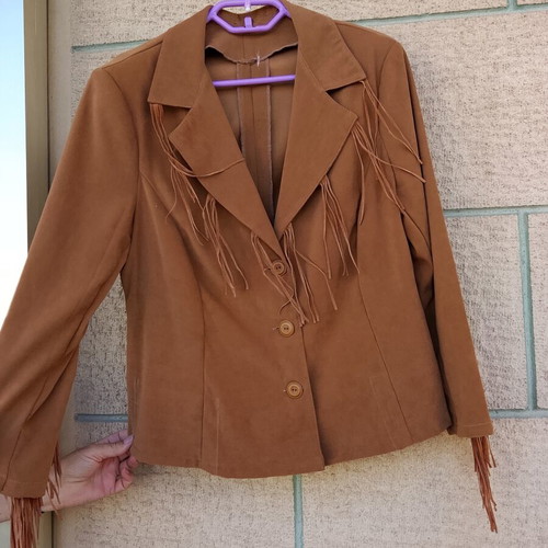 Women's camel jacket with tassels, Western Boho Chic style