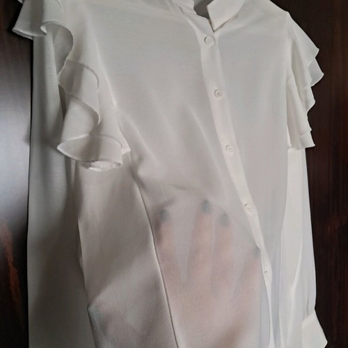 Semi-transparent white shirt with ruffle sleeve, size L, like new