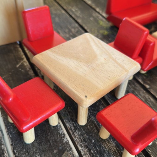 Wooden dollhouse furniture set used, red-brown