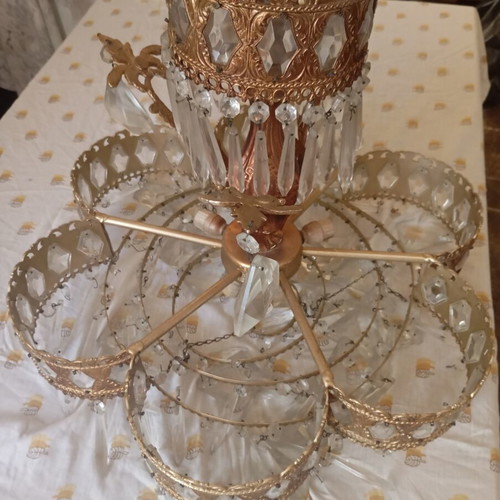 Vintage ceiling lights pair used, brass frame with glass crystals