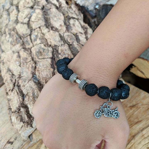 Handmade bracelet with lava semi-precious stone and metal dumbbell-motorcycle elements new, black