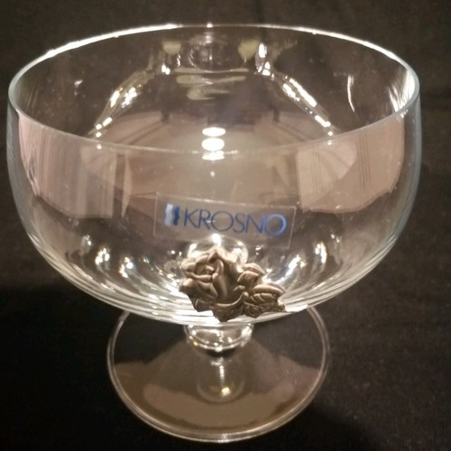 KROSNO Set of 6 Crystal Ice Cream Bowls New With Metal Flower Decoration