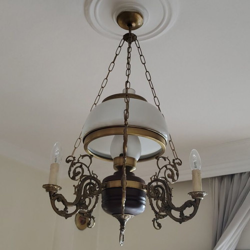 Vintage Brass Chandelier Neoclassical | Large Opaline & Candles | Rare