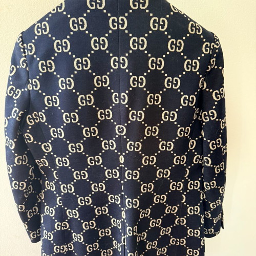 Gucci GG Jacquard Blazer Navy Ivory Wool Jacket Size 42
