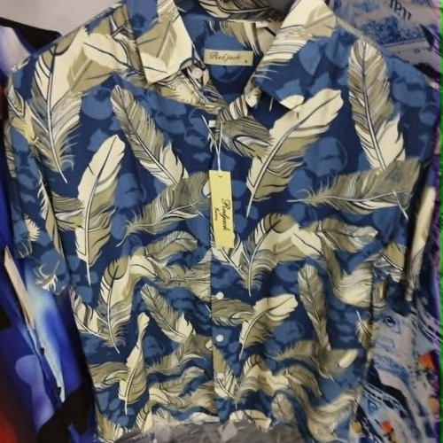 Men's short sleeve shirt with leaf print, new, blue and tan