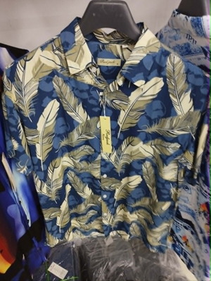 Men's short sleeve shirt with leaf print, new, blue and tan
