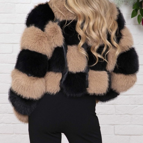 Eco fur jacket Small, new, black and beige checkered