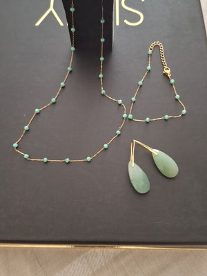 Jewelry set like new with green aventurine necklace, bracelet, earrings