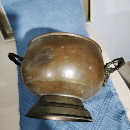 Large cauldron pot used, copper-bronze with handles
