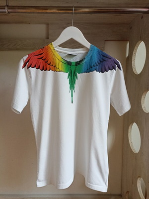 Marcelo Burlon Kids' T-shirt used, white, colorful wings print, size 10 years