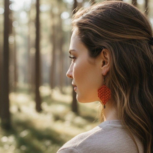 Macrame Earrings New Leaf Shape Orange