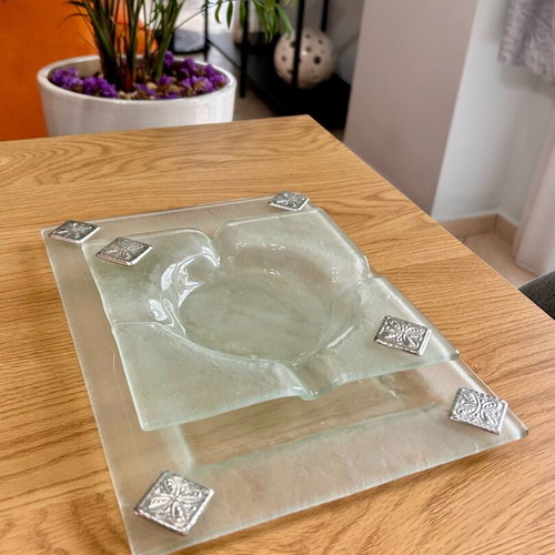 Glass ashtray and tray like new with silver decorative squares