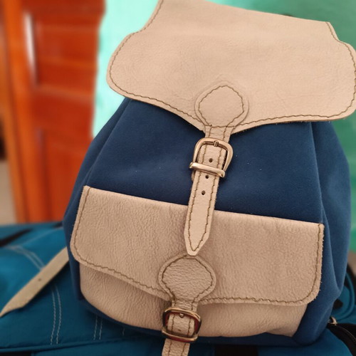 Leather medium backpack blue with light grey