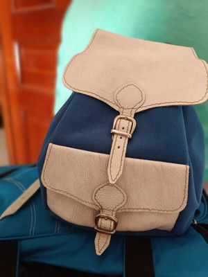 Leather medium backpack blue with light grey