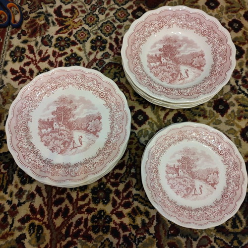 Swiss Landscape plates set used, 18 pieces, 6 fruit, 6 shallow, 6 deep