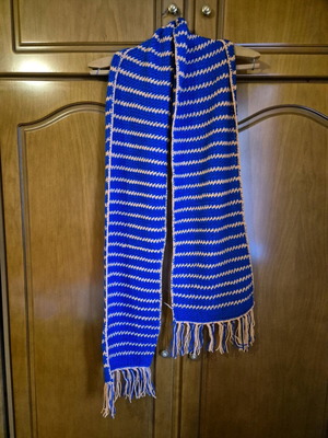 Handmade knitted scarf like new, blue with pink stripes