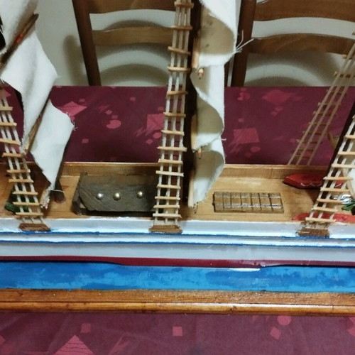 Handmade sailboat on base new with three masts