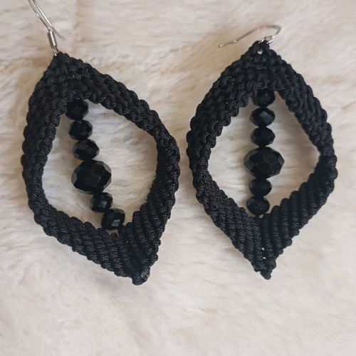 Macrame earrings new, black handmade with shiny beads