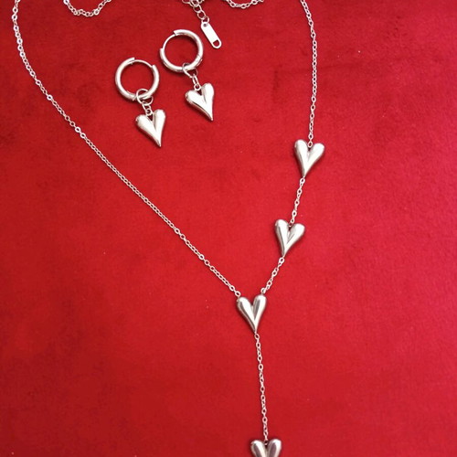 Necklace and earrings set heart-shaped stainless steel new, silver