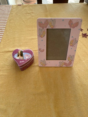 Photo frame with butterfly design and Barbie porcelain jewelry box like new