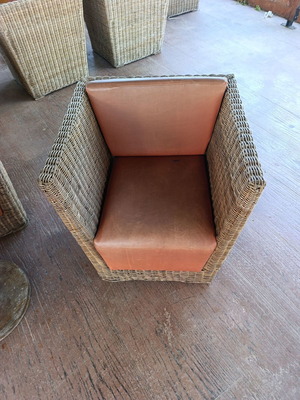 Furniture set with bamboo armchairs, aluminum chairs, director chairs, plastic chairs, teak and marble tables